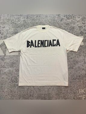 Balenciaga Men's Off-White T-Shirt with Black Logo
